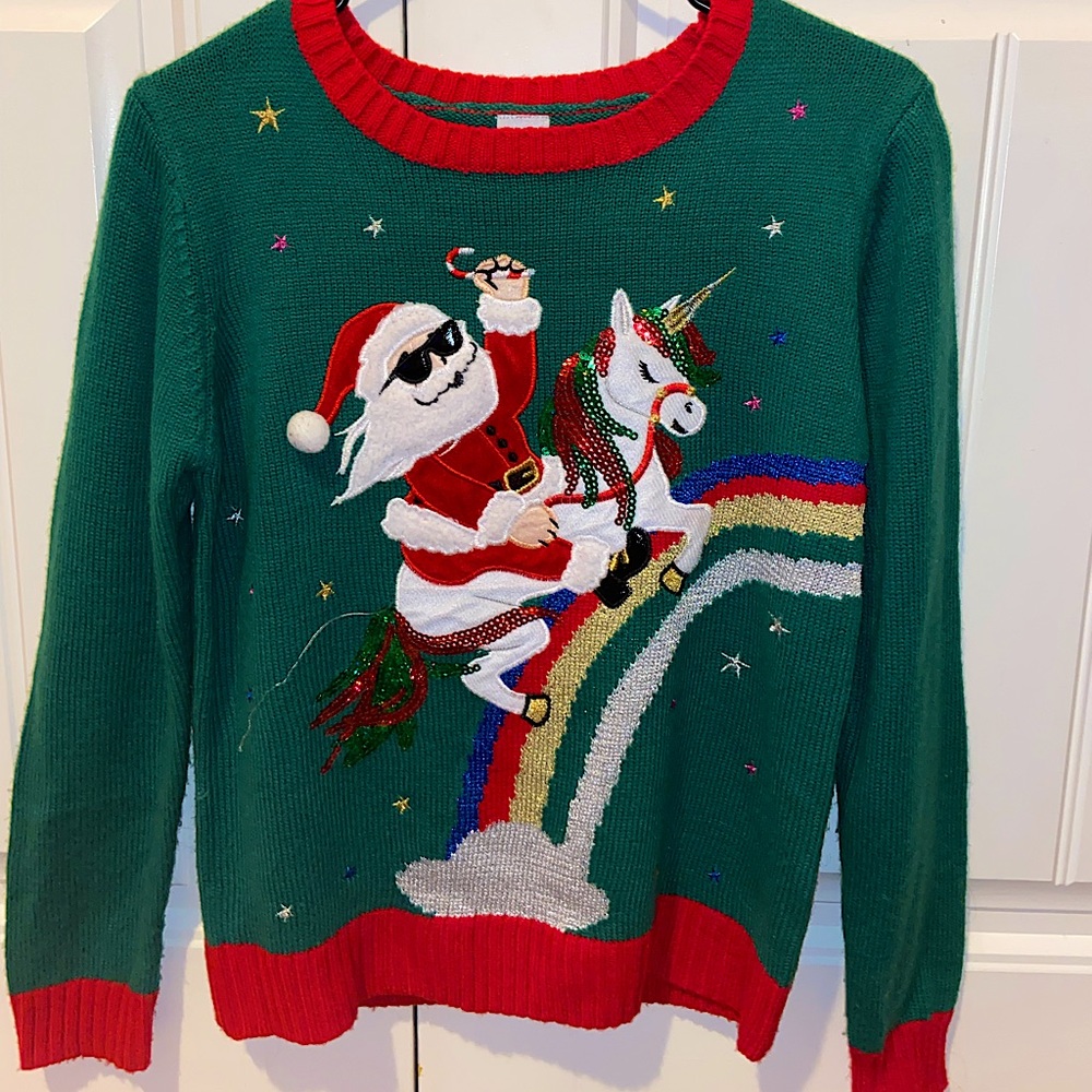 Christmas ugly sweater, Santa riding a unicorn